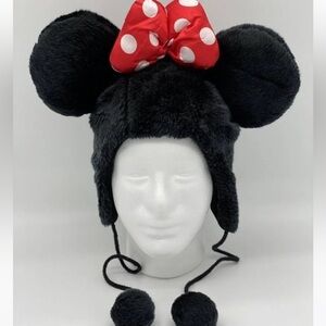 Disneyland Park Minnie Mouse Red Bow Beanie With Ear Muffs Pom Pom